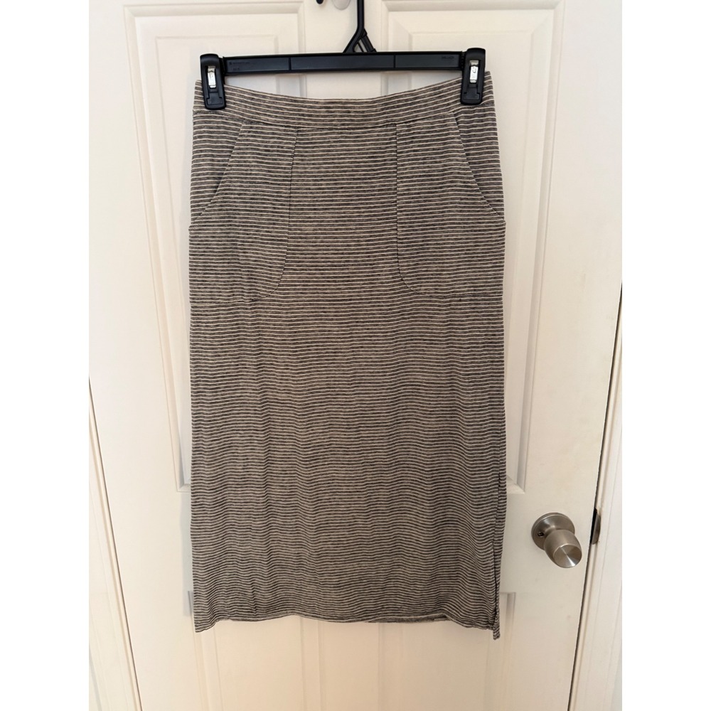 Prana Womens Grey White Striped Midi Skirt Elastic Waist Pockets Size S